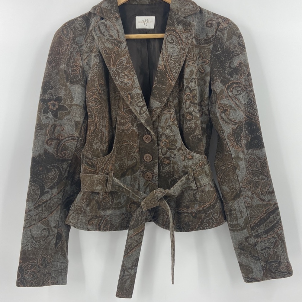 Blazer Belted Patterned Cropped Jacket Size 2 - image 1